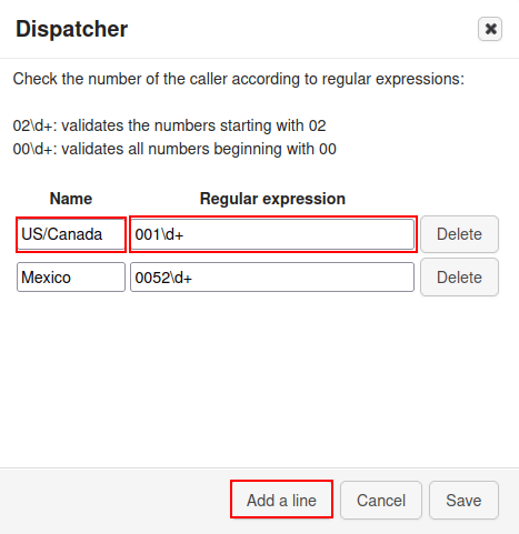 Bảng cấu hình Dispatcher, gồm tên, biểu thức chính quy và thêm một dòng được làm nổi bật.