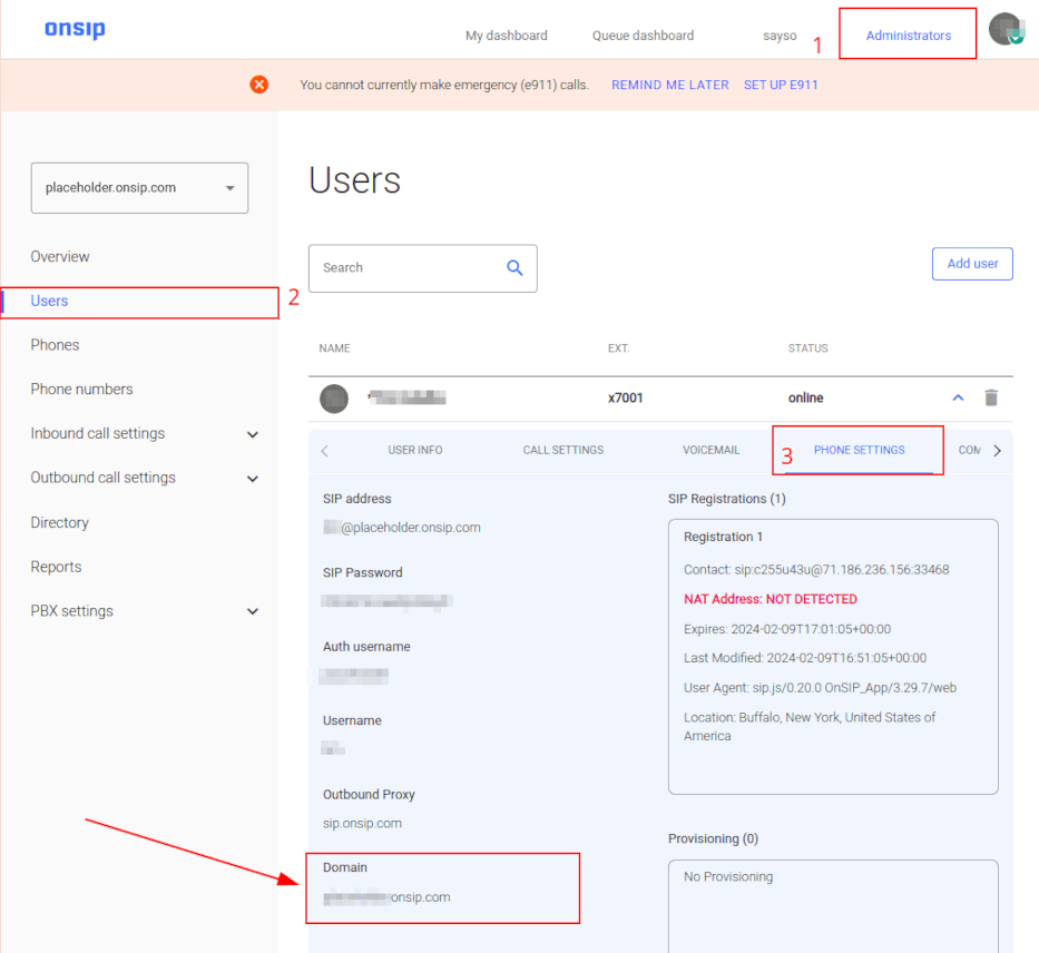Cài đặt Domain được hiển thị (đánh dấu) trên bảng quản trị của console quản lý OnSIP