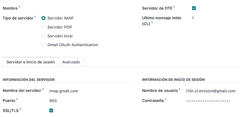 Cấu hình máy chủ email đến cho DTE Chile