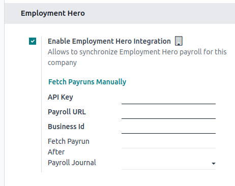 Kích hoạt tích hợp Employment Hero trong Odoo Accounting sẽ hiển thị các trường mới trong phần cài đặt