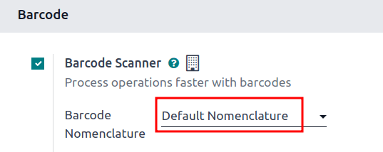 Đã bật cài đặt mã vạch với Default Nomenclature được chọn.