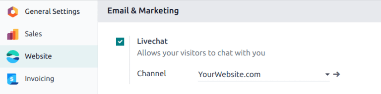 Xem trang cài đặt và tính năng Live Chat của Odoo Live Chat.