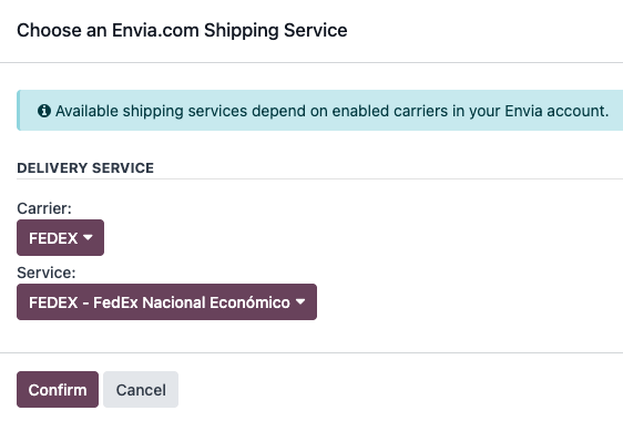 Envia.com popup đơn vị vận chuyển và dịch vụ