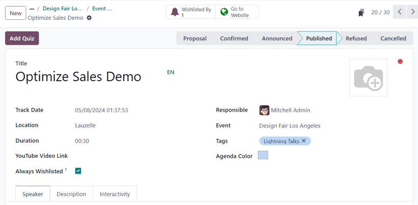 Mẫu lộ trình sự kiện tiêu chuẩn trong ứng dụng Odoo Events