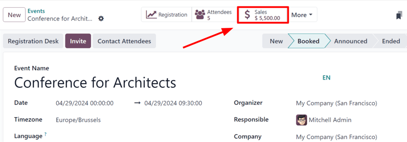 Xem biểu mẫu sự kiện và nút thông minh bán hàng trong Odoo Events