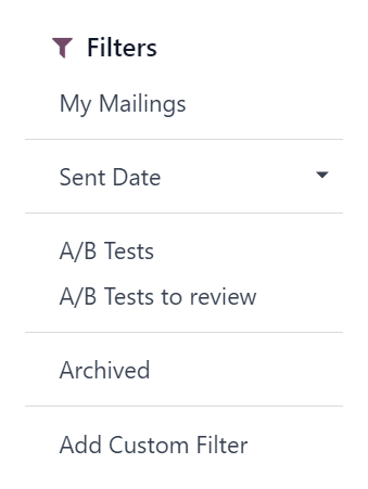 Xem các tùy chọn menu thả xuống bộ lọc trên bảng điều khiển Email Marketing của Odoo