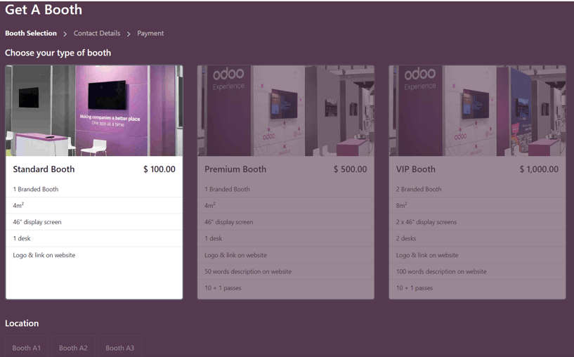 Trang Get A Booth tiêu chuẩn trên website sự kiện thông qua Odoo Events app.
