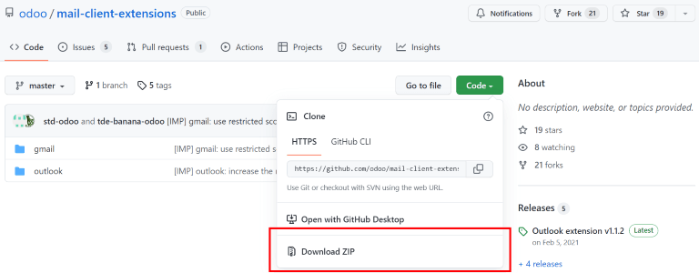 Tải tệp ZIP từ kho GitHub của Odoo cho các phần bổ trợ Mail.