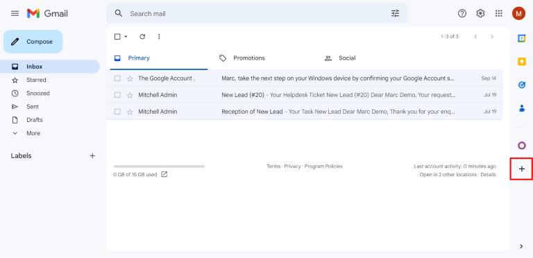 Biểu tượng dấu cộng trên thanh bên hộp thư đến Gmail