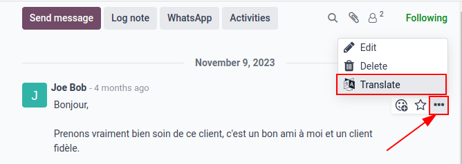 Google Translate hiện có trong khung trao đổi của cơ sở dữ liệu Odoo.