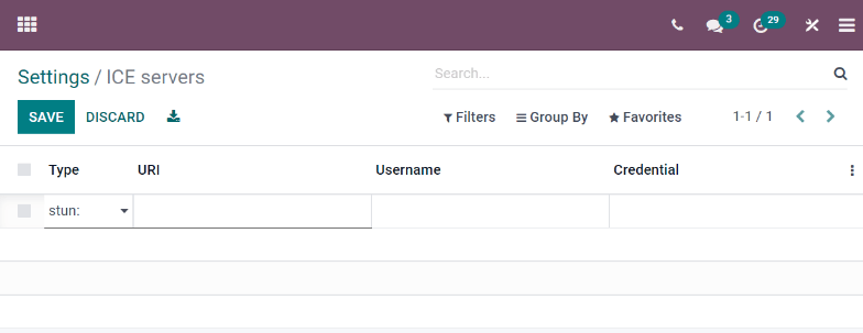 Trang "ICE servers" trong Odoo.