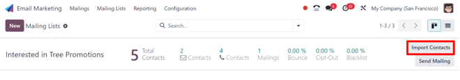 Nút nhập liên hệ của dòng danh sách gửi thư trong Odoo Email Marketing