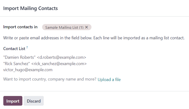 Biểu mẫu pop-up nhập danh bạ gửi thư hiển thị trong Odoo Email Marketing.