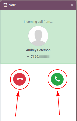 Cuộc gọi đến được hiển thị trong tiện ích VoIP của Odoo