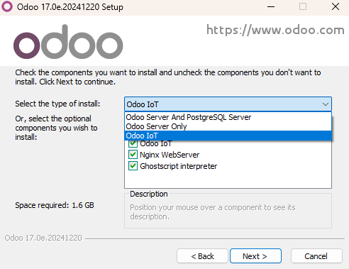 Lựa chọn "Odoo IoT" trong quá trình cài đặt Odoo Community