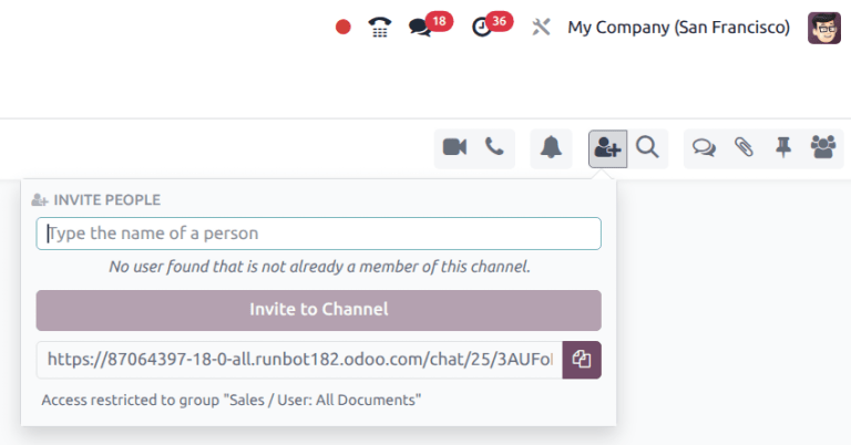 Xem tùy chọn mời thành viên trong Odoo Discuss