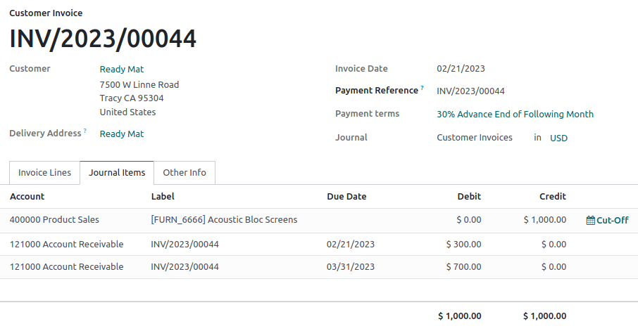 Số tiền ghi nợ vào tài khoản phải thu được chia thành hai bút toán với các ngày đáo hạn khác nhau