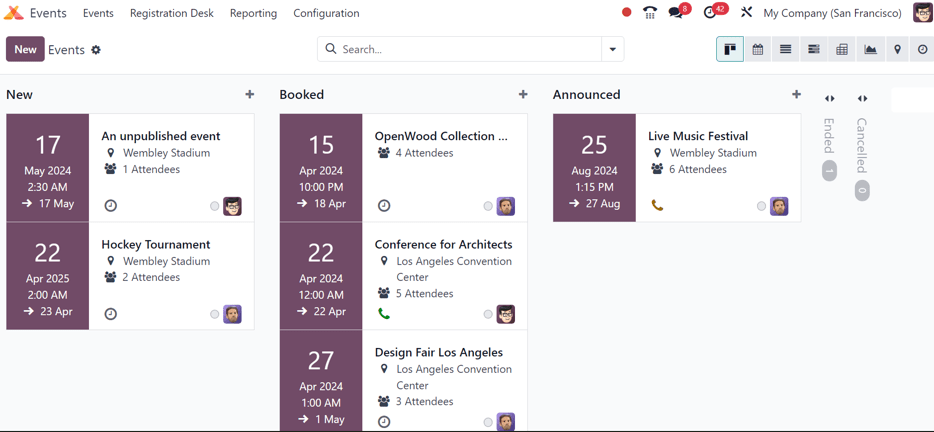 Tổng quan cài đặt sự kiện với giao diện kanban trong Odoo Events.
