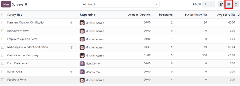 Tùy chọn xem danh sách nằm ở bảng điều khiển của ứng dụng Odoo Surveys.