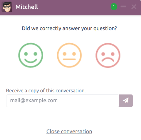 Xem cửa sổ trò chuyện từ phía người dùng cho Odoo Live Chat.