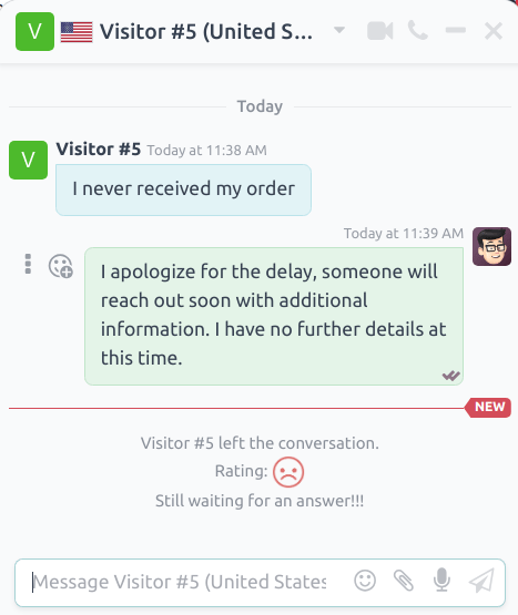 Giao diện cửa sổ trò chuyện từ cửa sổ của nhân viên, làm nổi bật đánh giá cho Odoo Live Chat.