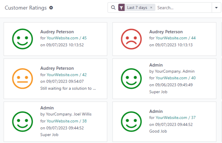 Xem báo cáo đánh giá khách hàng trong Odoo Live Chat.