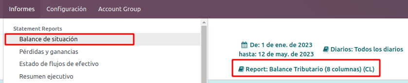 Vị trí của Reporte Balance Tributario de 8 Columnas.