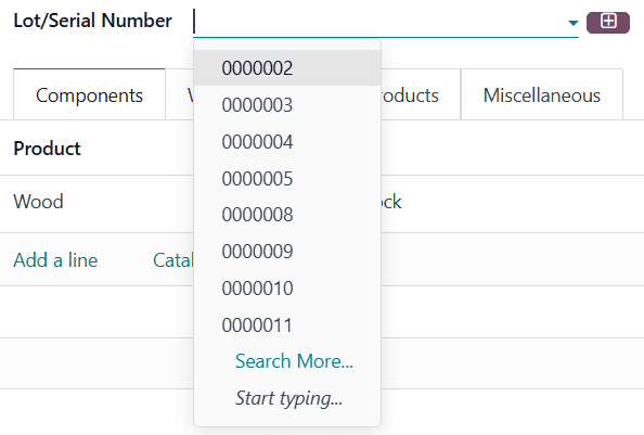 Trường "Lot/Serial Number" trên một MO.