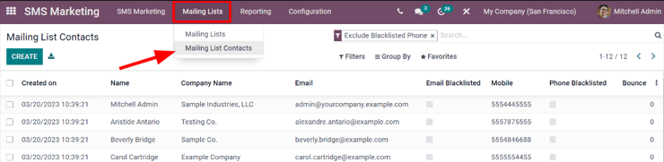 Xem trang liên hệ của danh sách gửi thư trong ứng dụng SMS Marketing của Odoo