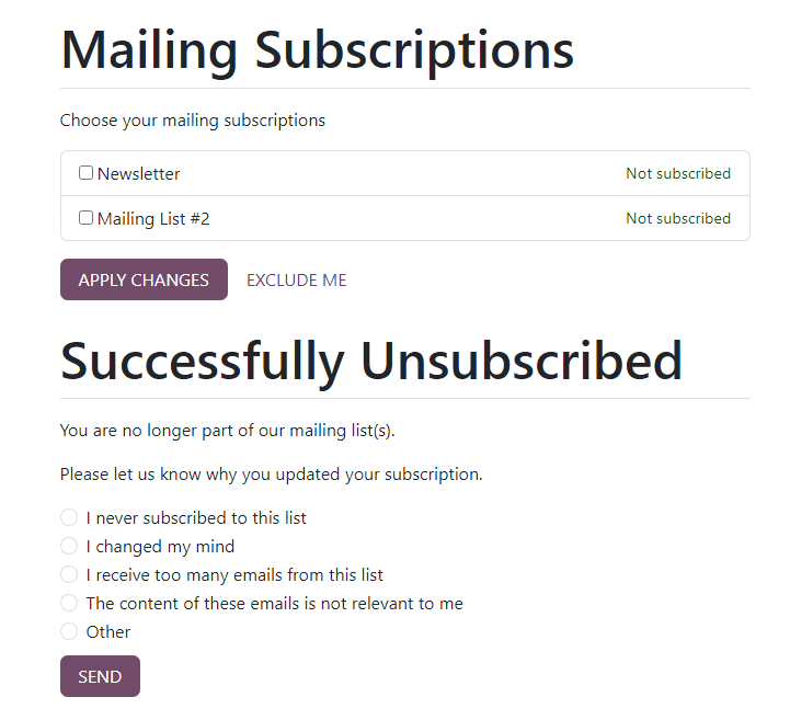 Trang Đăng ký Mailng xuất hiện khi nhấp vào liên kết 'Unsubscribe' trong thư gửi.