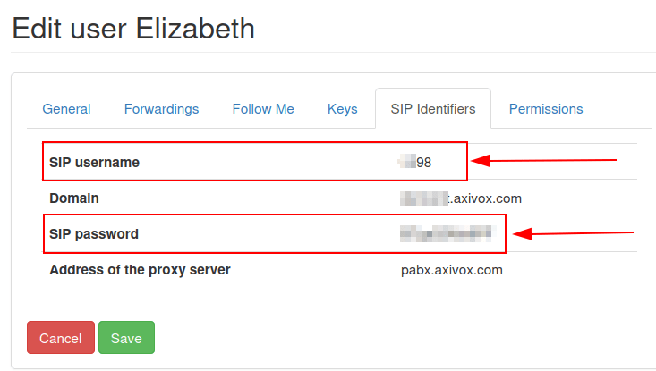 Thông tin đăng nhập SIP trong trình quản lý Axivox