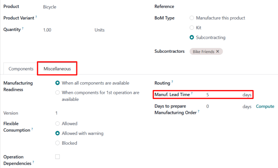 Trường Thời gian chuẩn bị sản xuất trên Định mức nguyên vật liệu của sản phẩm.