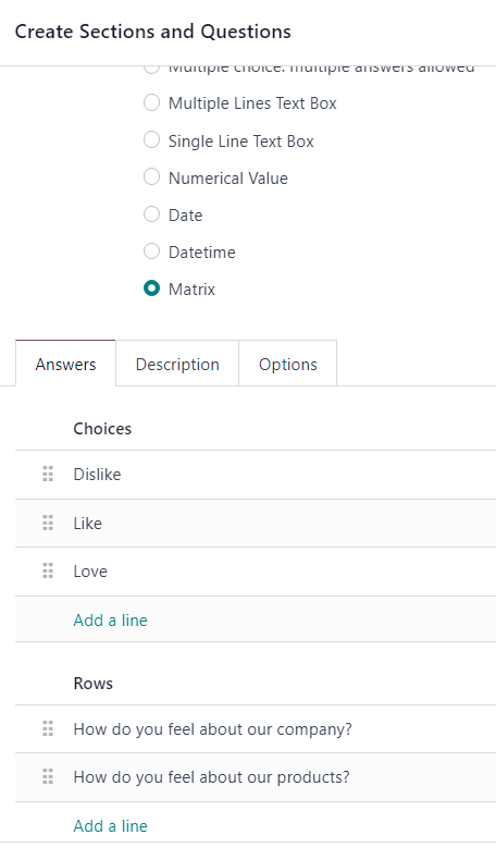 Tab trả lời với loại câu hỏi ma trận được chọn trong Odoo Surveys.