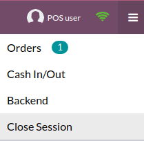 Menu thả xuống để đóng phiên POS, truy cập backend, thêm hoặc rút tiền mặt hoặc kiểm tra đơn hàng