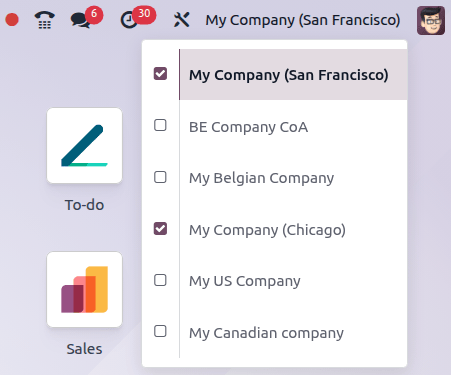 Xem menu công ty qua bảng điều khiển chính trong Odoo