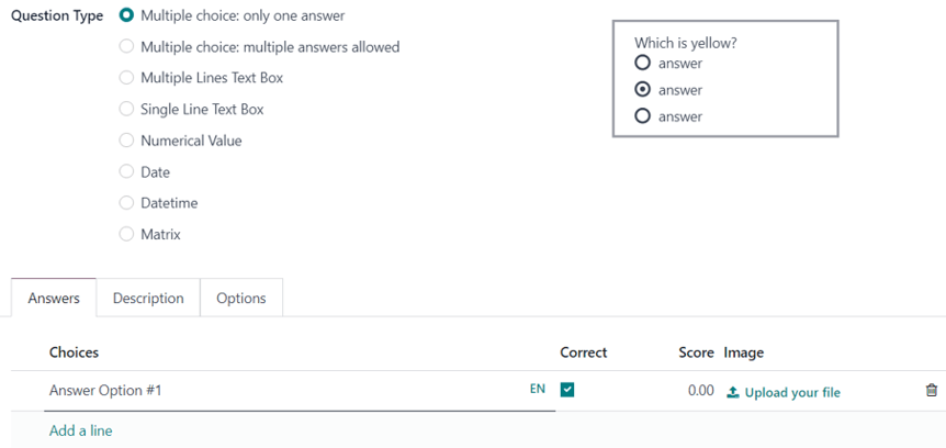 Tab câu trả lời với một tùy chọn đa lựa chọn đã được chọn trong Odoo Surveys