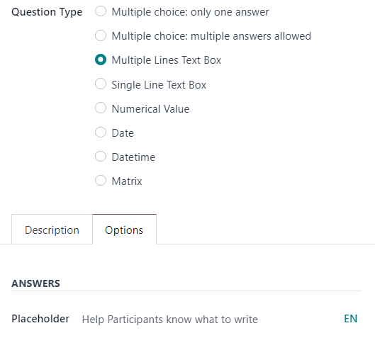 Trường placeholder khi chọn tùy chọn ô văn bản nhiều dòng trong Odoo Surveys.