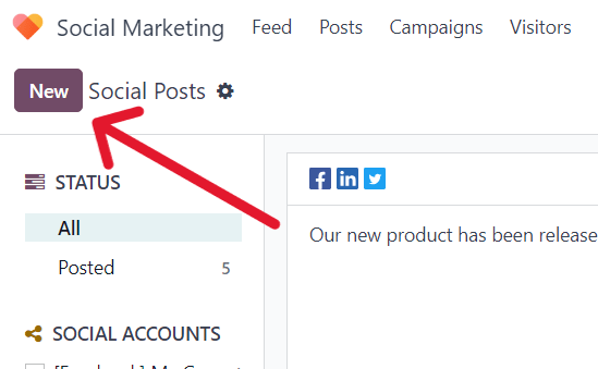 Nút mới trên trang Social Posts trong ứng dụng Social Marketing của Odoo