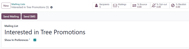 Xem biểu mẫu danh sách gửi thư trong ứng dụng Email Marketing của Odoo