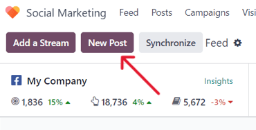 Nút Bài đăng mới trên bảng điều khiển chính của ứng dụng Odoo Social Marketing.