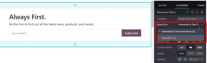 Menu thả xuống bản tin trong thanh bên tùy chỉnh xuất hiện trong Odoo Website
