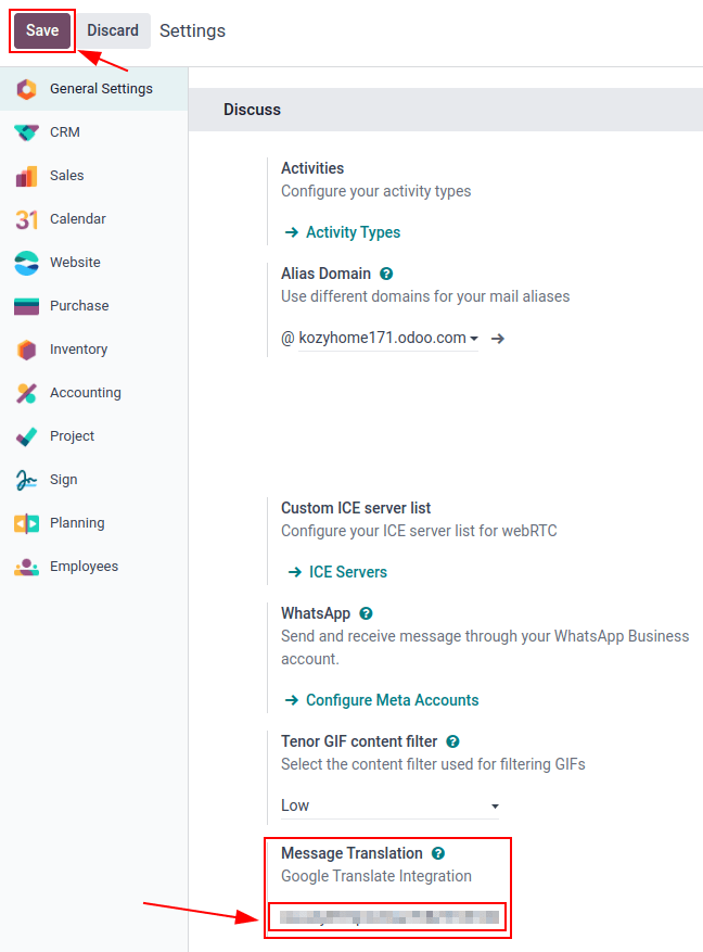 Cấu hình Odoo cho khóa API từ *Google API Console*