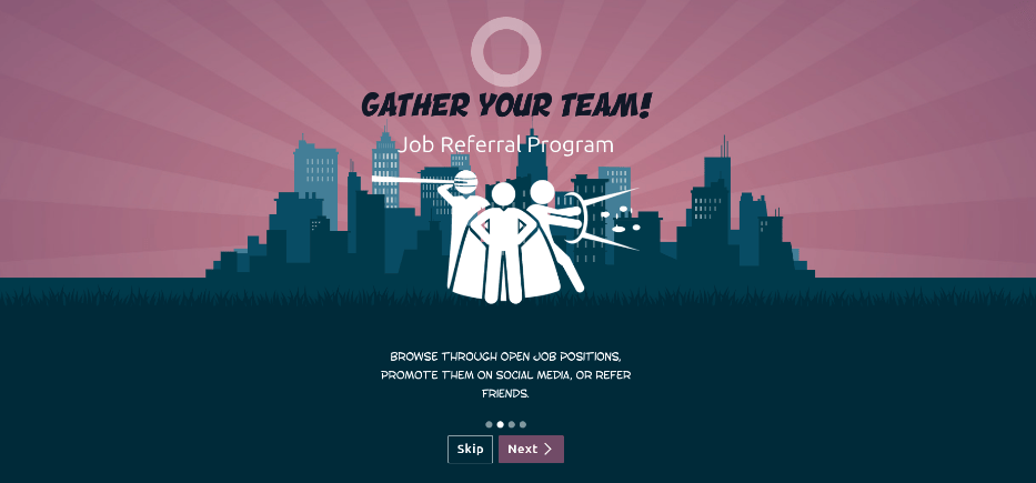 Một slide onboarding với các nút bỏ qua và tiếp theo hiển thị ở phía dưới.