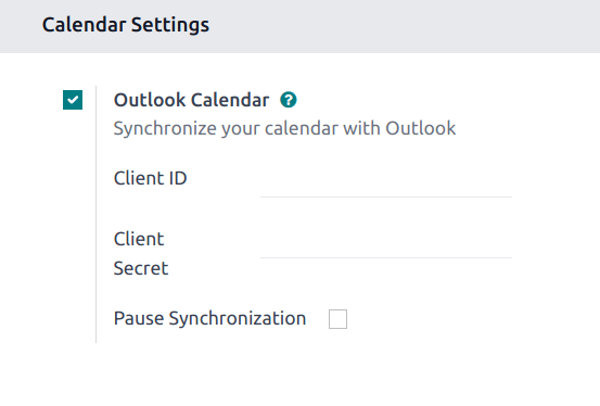 Cài đặt "Outlook Calendar" đã được kích hoạt trong Odoo.