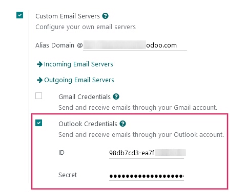 Thông tin xác thực Outlook trong Cài đặt chung Odoo