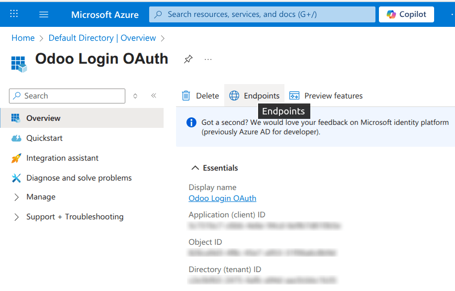 ID ứng dụng và thông tin xác thực endpoint OAuth 2.0 (v2)