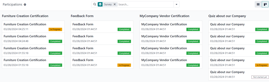 Trang Tham gia trong chế độ xem Kanban của ứng dụng Odoo Surveys.