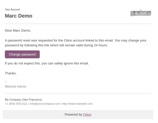 Ví dụ về email chứa liên kết đặt lại mật khẩu cho tài khoản Odoo.