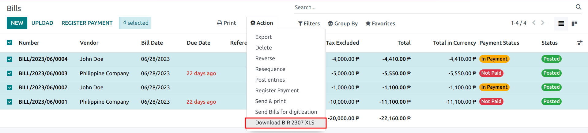 Nhiều hóa đơn nhà cung cấp được chọn với hành động "Download BIR 2307 XLS".