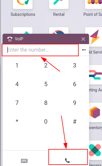Đang kết nối tới máy nhánh hội nghị bằng widget VoIP của Odoo